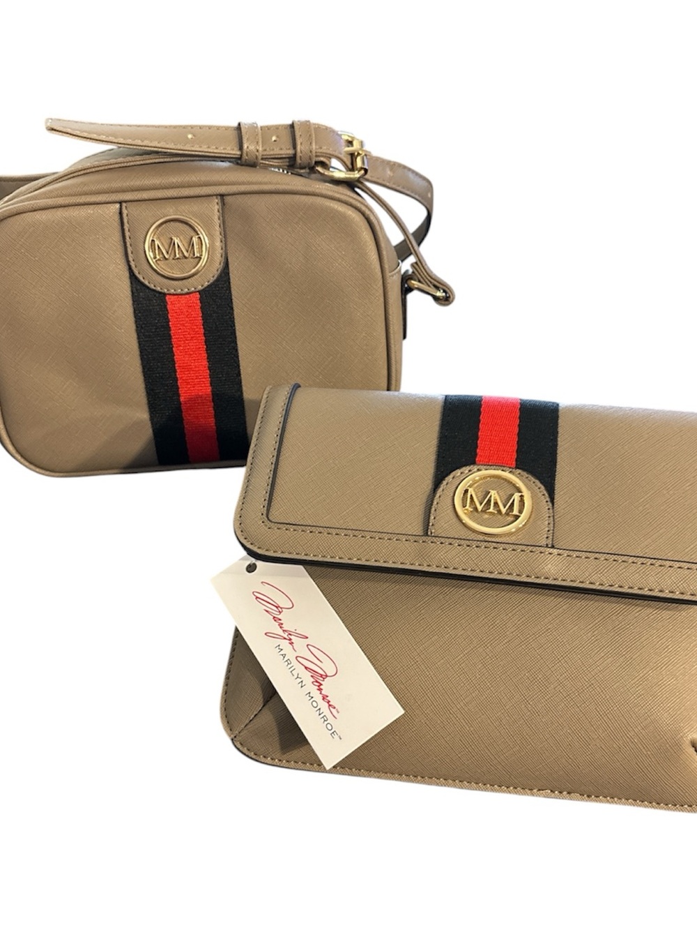 Marilyn Monroe Taupe Crossbody and Clutch Set with Red & Black Stripe